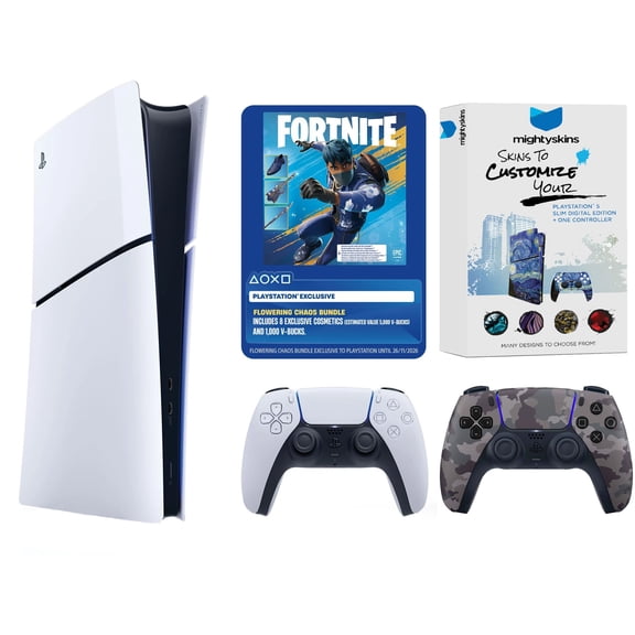 Sony PlayStation 5 Digital Fortnite Flowering Chaos Bundle with Extra Controller and MightySkins Code - Gray Camo
