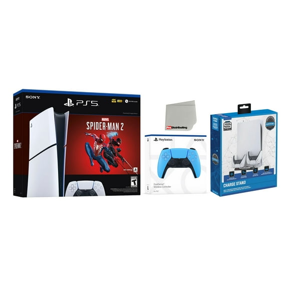 Sony PlayStation 5 Digital Slim Marvel’s Spider-Man 2 Bundle with Extra Starlight Blue Controller and USB Hub Station