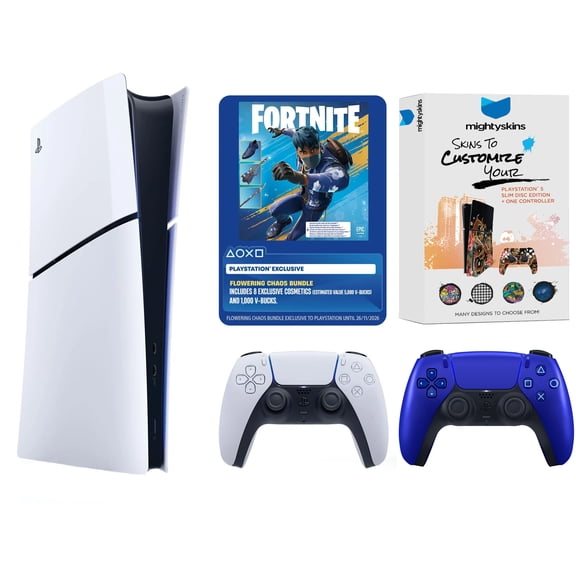 Sony PlayStation 5 Disc Fortnite Flowering Chaos Bundle with Extra Controller and MightySkins Code - Cobalt Blue