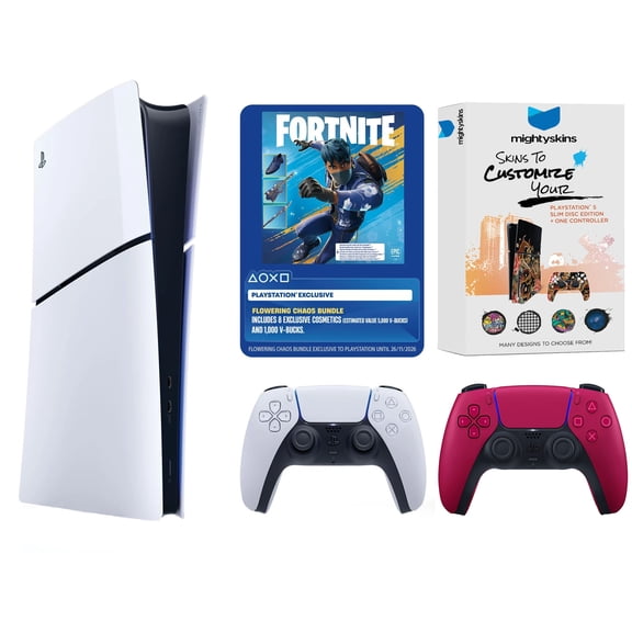 Sony PlayStation 5 Disc Fortnite Flowering Chaos Bundle with Extra Controller and MightySkins Code - Cosmic Red