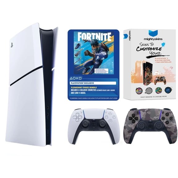 Sony PlayStation 5 Disc Fortnite Flowering Chaos Bundle with Extra Controller and MightySkins Code - Gray Camo