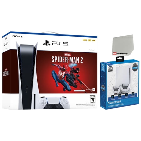 Sony PlayStation 5 Disc Marvel’s Spider-Man 2 Bundle with Surge USB Hub Charging Stand and Microfiber Screen Cleaner