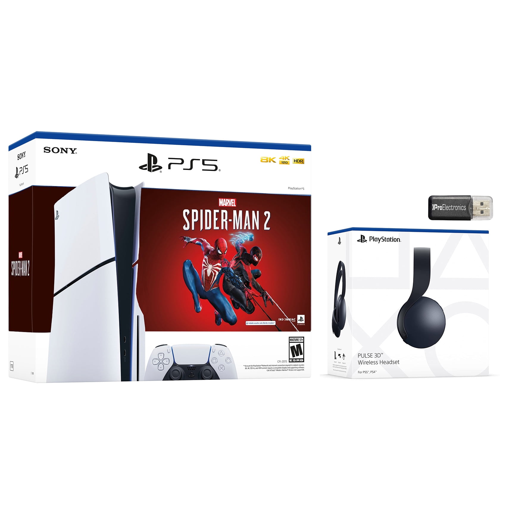 Sony PlayStation 5 Disc Slim Marvel's Spider-Man 2 Bundle with Black Pulse  3D Wireless Gaming Headset and USB MicroSD Card Reader 