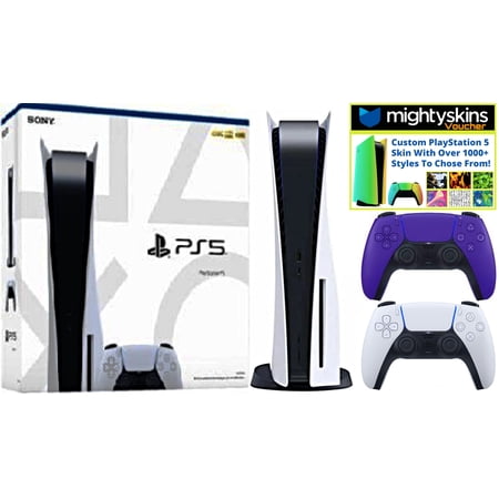 Sony PlayStation 5 Disk Console With Extra Galactic Purple Dualsense Controller & MightySkins Custom Skin Voucher Bundle
