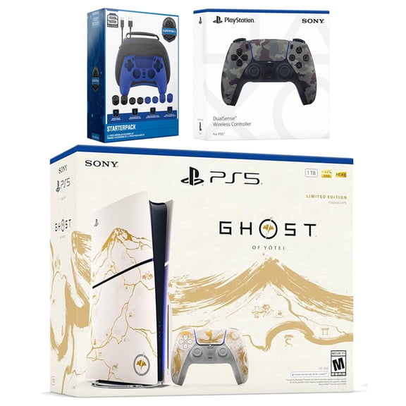 Sony PlayStation 5 Ghost of Yotei Disc Bundle + Extra Controller, Accessory Kit - Gray Camo
