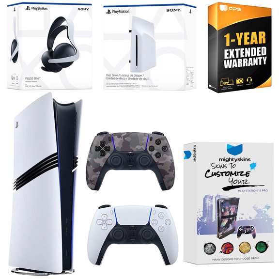 Sony PlayStation 5 Pro Digital Bundle with Disc Drive, Extra Controller, Pulse Elite Headset, MightySkins Voucher and 1 Year Extended Warranty - Gray Camo