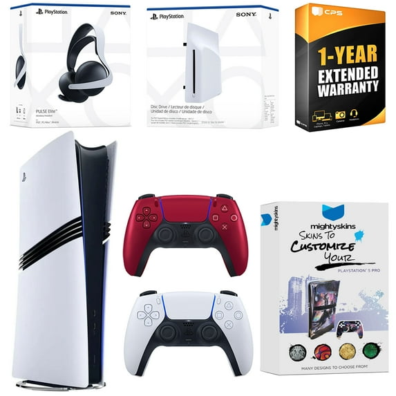 Sony PlayStation 5 Pro Digital Bundle with Disc Drive, Extra Controller, Pulse Elite Headset, MightySkins Voucher and 1 Year Extended Warranty - Volcanic Red