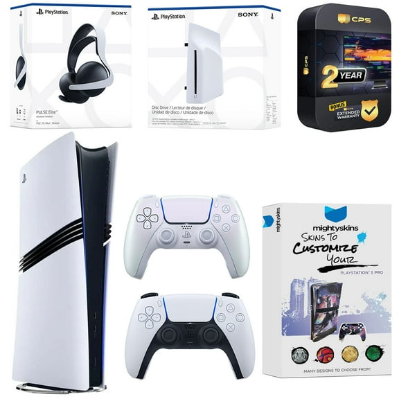 Sony PlayStation 5 Pro Digital Bundle with Disc Drive, Extra Controller, Pulse Elite Headset, MightySkins Voucher and 2 Year Extended Warranty - Chroma Pearl