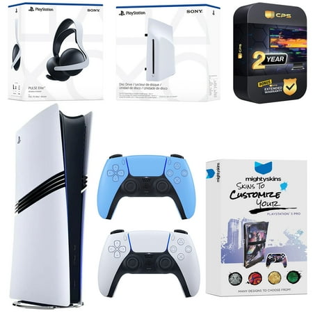 Sony PlayStation 5 Pro Digital Bundle with Disc Drive, Extra Controller, Pulse Elite Headset, MightySkins Voucher and 2 Year Extended Warranty - Starlight Blue
