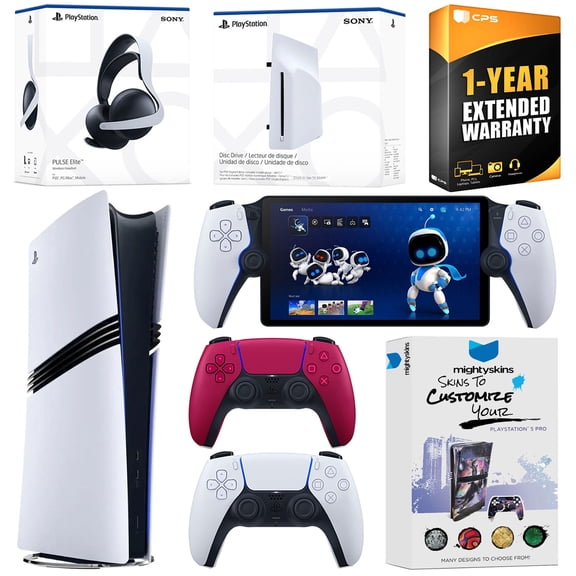 Sony PlayStation 5 Pro Digital Bundle with Disc Drive, Extra Controller, Pulse Elite Headset, PlayStation Portal, MightySkins Voucher and 1 Year Extended Warranty - Midnight Black