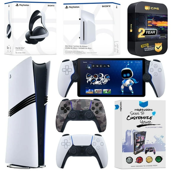 Sony PlayStation 5 Pro Digital Bundle with Disc Drive, Extra Controller, Pulse Elite Headset, PlayStation Portal, MightySkins Voucher and 2 Year Extended Warranty - Gray Camo