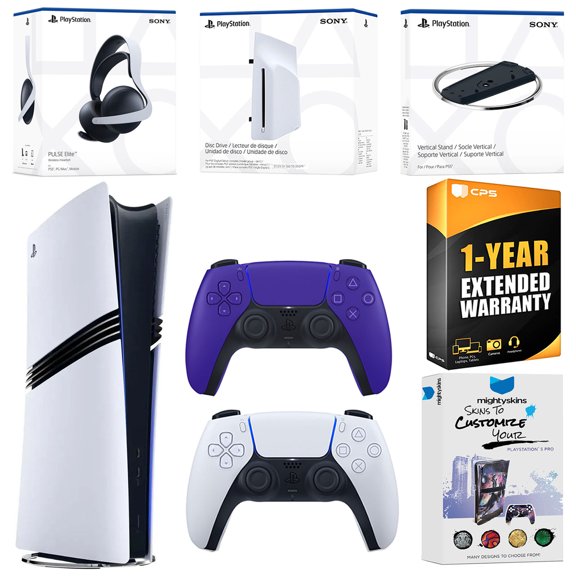 Sony PlayStation 5 Pro Digital Bundle with Disc Drive, Extra Controller, Pulse Elite Wireless Gaming Headset, Vertical Stand, MightySkins Voucher and 1 Year Extended Warranty - Galactic Purple