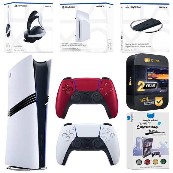 Sony PlayStation 5 Pro Digital Bundle with Disc Drive, Extra Controller, Pulse Elite Wireless Gaming Headset, Vertical Stand, MightySkins Voucher and 2 Year Extended Warranty - Volcanic Red