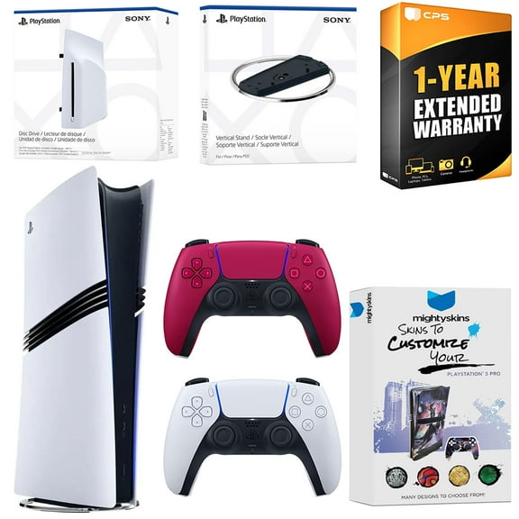Sony PlayStation 5 Pro Digital Bundle with Disc Drive, Extra Controller, Vertical Stand, MightySkins Voucher and 1 Year Extended Warranty - Cosmic Red