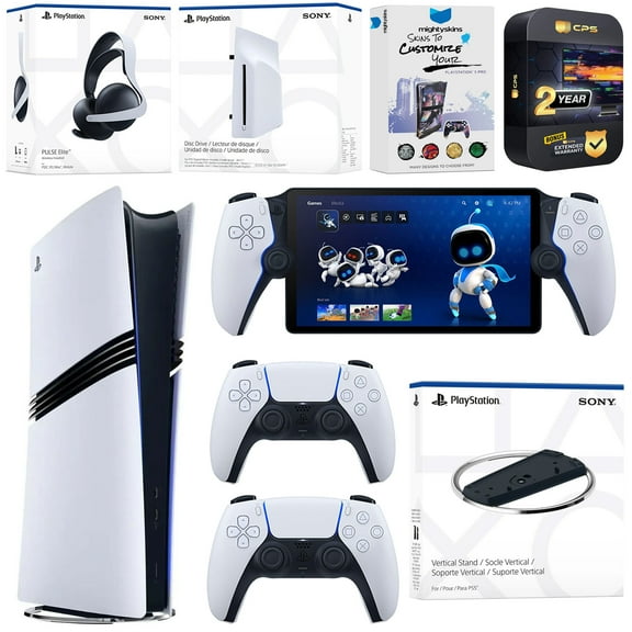 Sony PlayStation 5 Pro Digital Bundle with Disc Drive, Stand, Extra Controller, Pulse Elite Headset, PlayStation Portal, MightySkins Voucher and 2 Year Extended Warranty - Glacier White