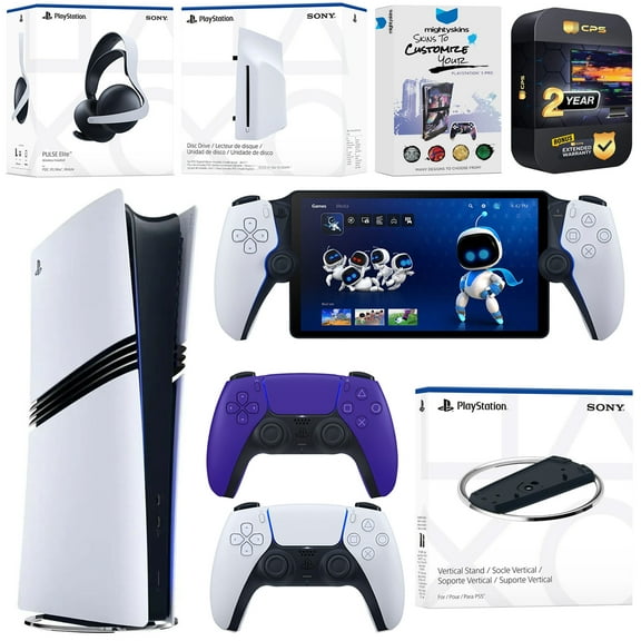 Sony PlayStation 5 Pro Digital Bundle with Disc Drive, Stand, Extra Controller, Pulse Elite Headset, PlayStation Portal, MightySkins Voucher and 2 Year Extended Warranty - Galactic Purple