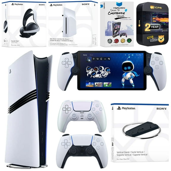 Sony PlayStation 5 Pro Digital Bundle with Disc Drive, Stand, Extra Controller, Pulse Elite Headset, PlayStation Portal, MightySkins Voucher and 2 Year Extended Warranty - Chroma Pearl