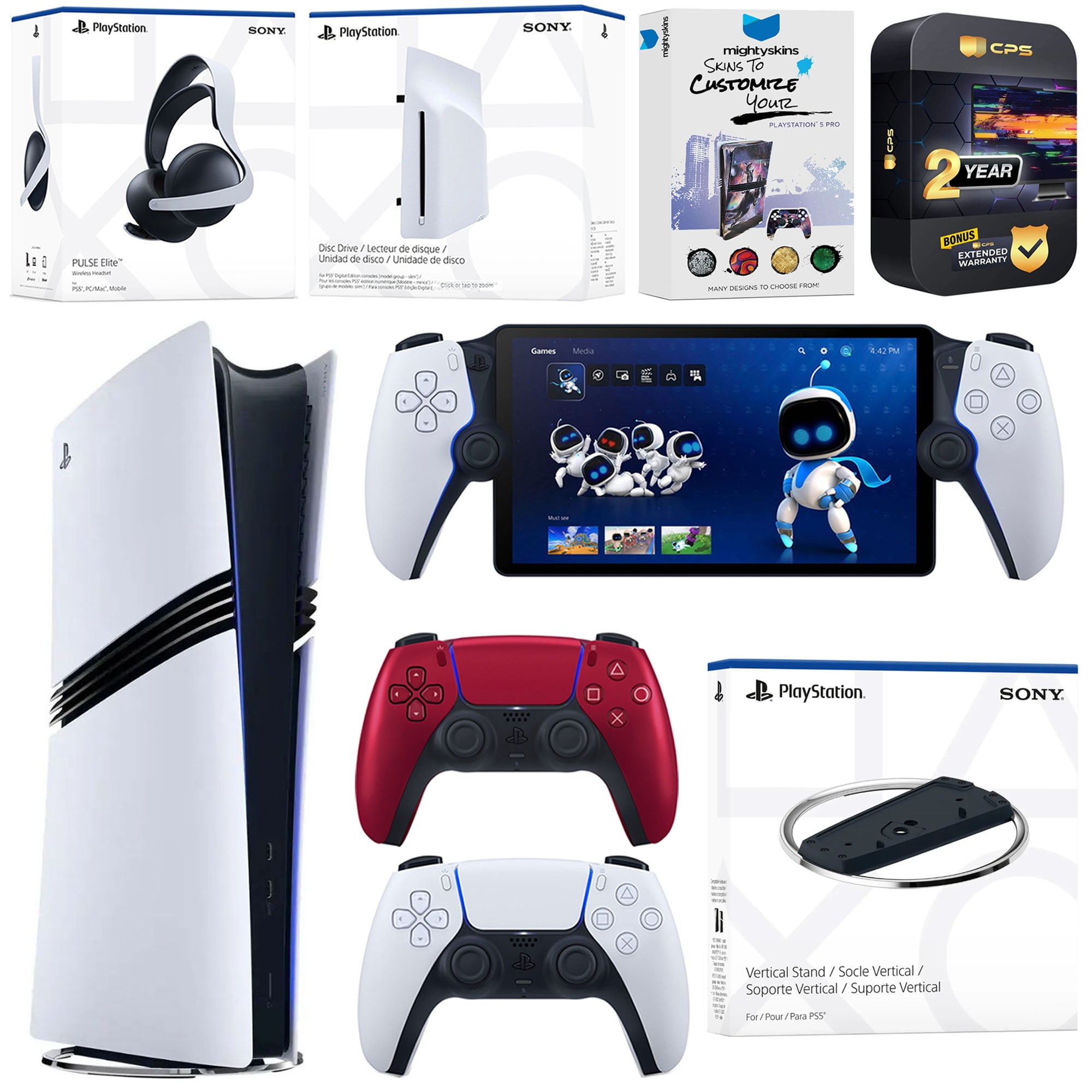 Sony PlayStation 5 Pro Digital Bundle with Disc Drive, Stand, Extra Controller, Pulse Elite Headset, PlayStation Portal, MightySkins Voucher and 2 Year Extended Warranty - Volcanic Red