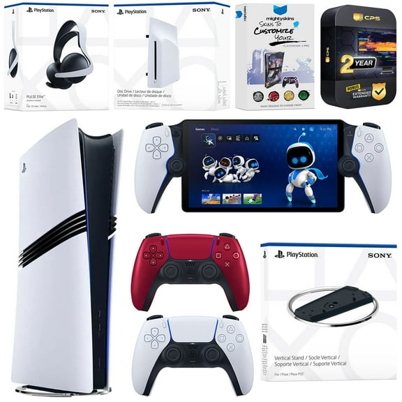 Sony PlayStation 5 Pro Digital Bundle with Disc Drive, Stand, Extra Controller, Pulse Elite Headset, PlayStation Portal, MightySkins Voucher and 2 Year Extended Warranty - Volcanic Red
