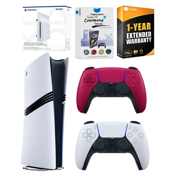 Sony PlayStation 5 Pro Digital Bundle with Disc Drive, Extra Controller, MightySkins Voucher and 1 Year Extended Warranty - Cosmic Red