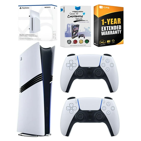 Sony PlayStation 5 Pro Digital Bundle with Disc Drive, Extra Controller, MightySkins Voucher and 1 Year Extended Warranty - Glacier White