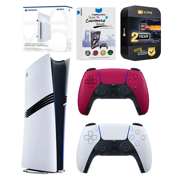 Sony PlayStation 5 Pro Digital Bundle with Disc Drive, Extra Controller, MightySkins Voucher and 2 Year Extended Warranty - Cosmic Red