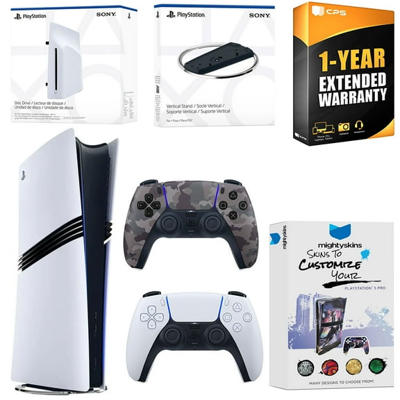 Sony PlayStation 5 Pro Digital Bundle with Disc Drive, Extra Controller, Vertical Stand, MightySkins Voucher and 1 Year Extended Warranty - Gray Camo