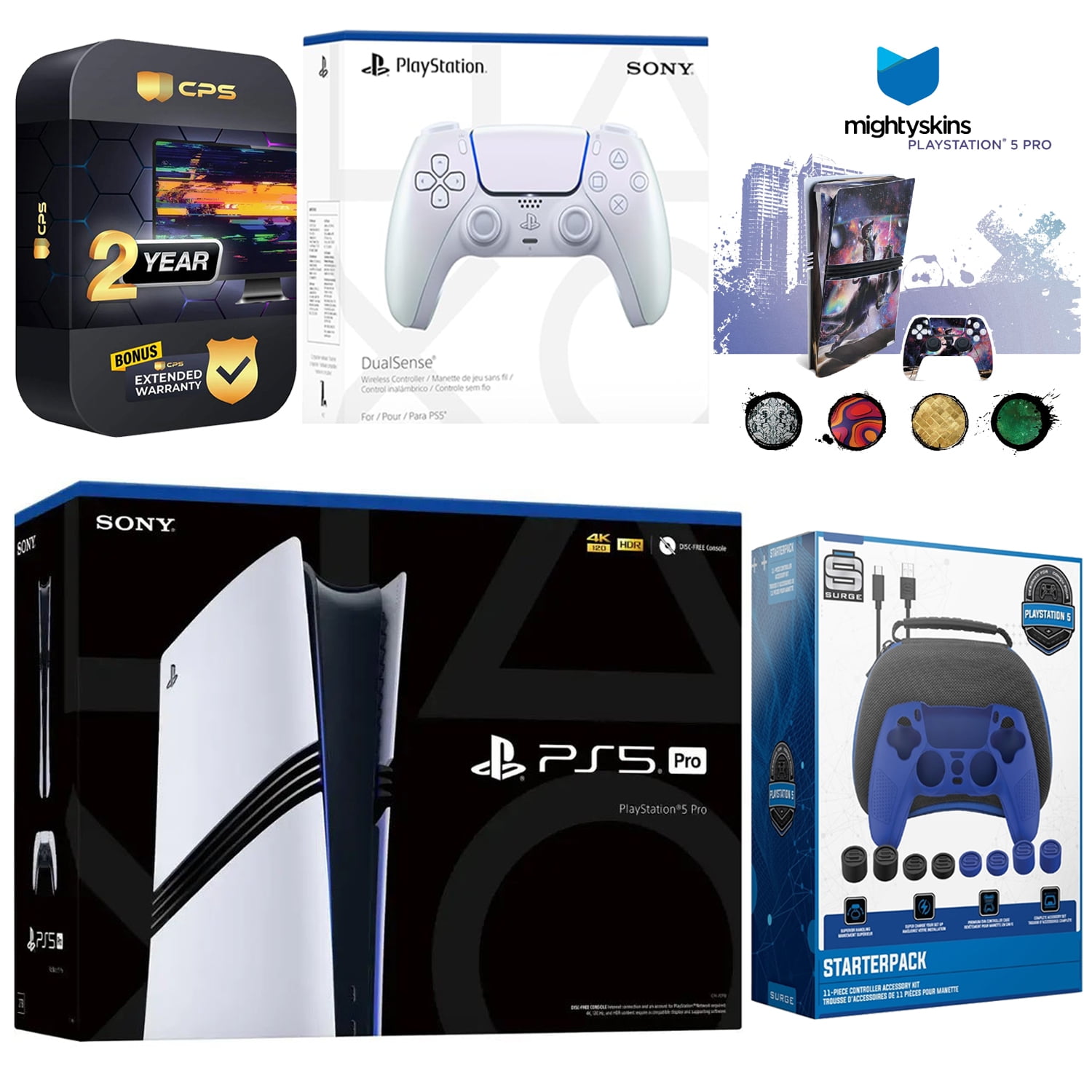 Sony PlayStation 5 Pro with Extra Chroma Pearl Controller, Pro Gamer Starter Kit and MightySkins Decal Voucher Plus 2 Year CPS Extended Warranty