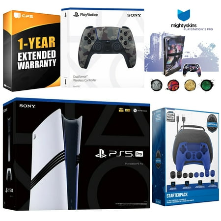 Sony PlayStation 5 Pro with Extra Gray Camo Controller, Pro Gamer Starter Kit and MightySkins Decal Voucher Plus 1 Year CPS Extended Warranty