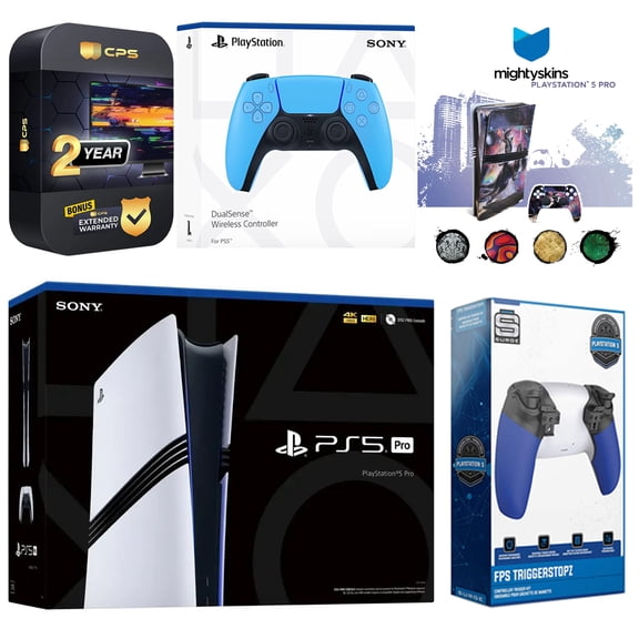 Sony PlayStation 5 Pro with Extra Starlight Blue Controller, Trigger Stop Kit and MightySkins Decal Voucher Plus 2 Year CPS Extended Warranty