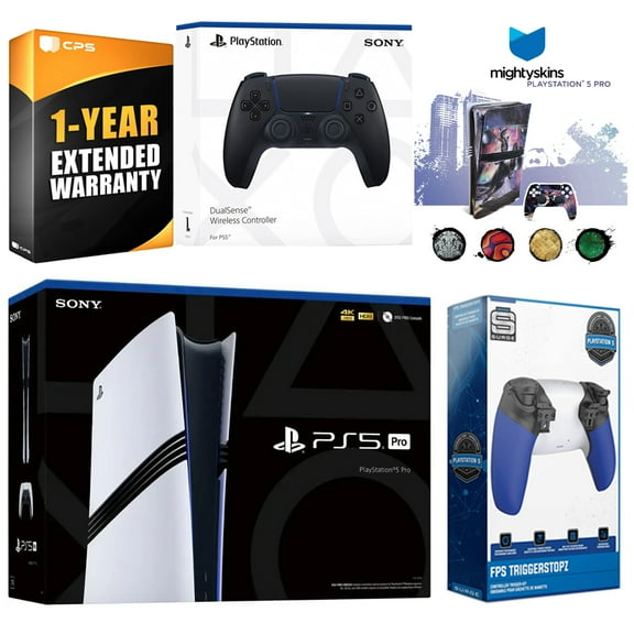 Sony PlayStation 5 Pro with Extra White Controller, Trigger Stop Kit and MightySkins Decal Voucher Plus 1 Year CPS Extended Warranty