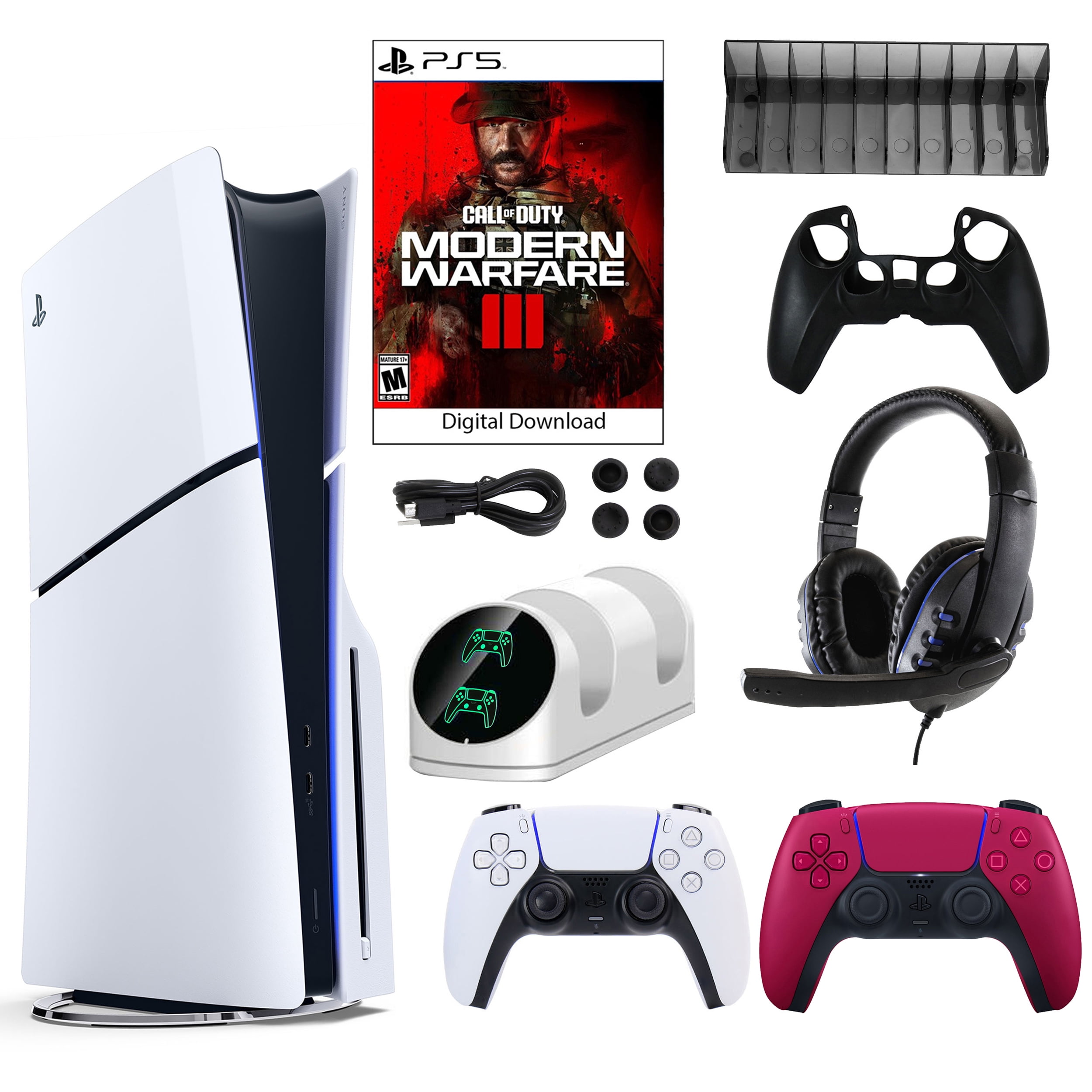 2023 New PlayStation 5 Slim Digital Edition Bundle with Two Controllers  White and Cosmic Red Dualsense and Mytrix Controller Case - Slim PS5 1TB  PCIe