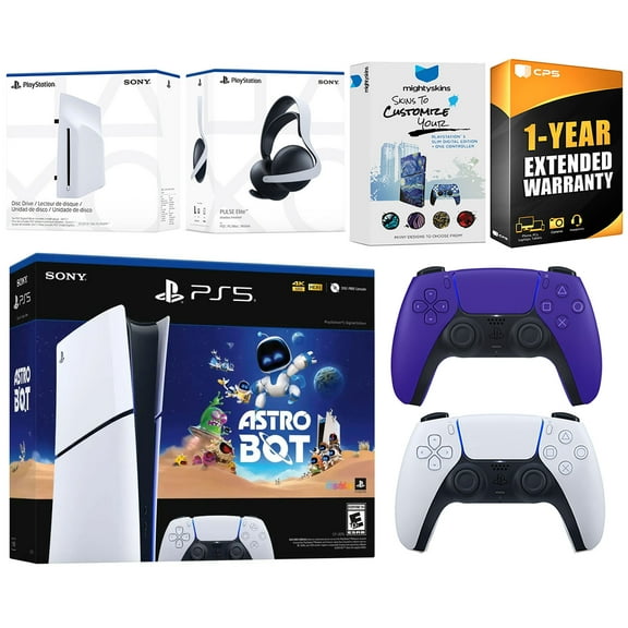 Sony PlayStation 5 Slim Digital Astro Bot Bundle with Disc Drive, Extra Controller, MightySkins Voucher and 1 Year Extended Warranty - Galactic Purple