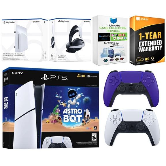 Sony PlayStation 5 Slim Digital Astro Bot Bundle with Disc Drive, Extra Controller, Pulse Elite Headset, MightySkins Game Services and 1 Year Extended Warranty - Galactic Purple