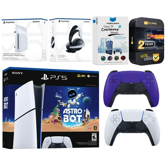 Sony PlayStation 5 Slim Digital Astro Bot Bundle with Disc Drive, Extra Controller, MightySkins Voucher and 2 Year Extended Warranty - Galactic Purple