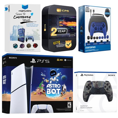 Sony PlayStation 5 Slim Digital Astro Bot Bundle with Extra Gray Camo Controller, Pro Gamer Starter Kit, MightySkins Code and 2 Year Extended Warranty
