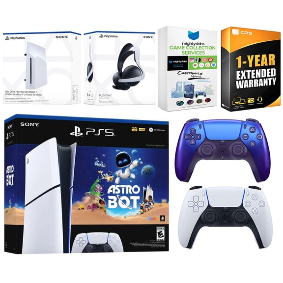 Sony PlayStation 5 Slim Digital Astro Bot Bundle with Disc Drive, Extra Controller, Pulse Elite Headset, MightySkins Game Services and 1 Year Extended Warranty - Chroma Indigo