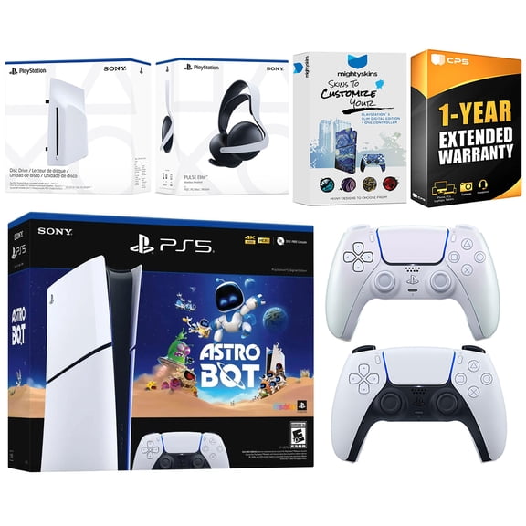 Sony PlayStation 5 Slim Digital Astro Bot Bundle with Disc Drive, Extra Controller, Pulse Elite Headset, MightySkins Voucher and 1 Year Extended Warranty - Chroma Pearl