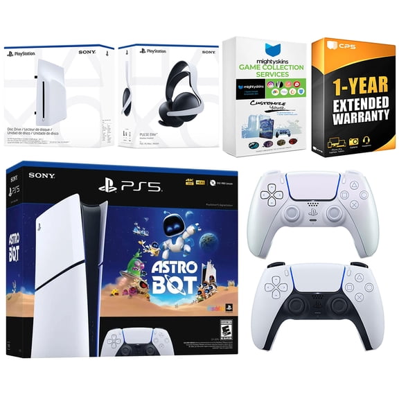 Sony PlayStation 5 Slim Digital Astro Bot Bundle with Disc Drive, Extra Controller, Pulse Elite Headset, MightySkins Game Services and 1 Year Extended Warranty - Chroma Pearl