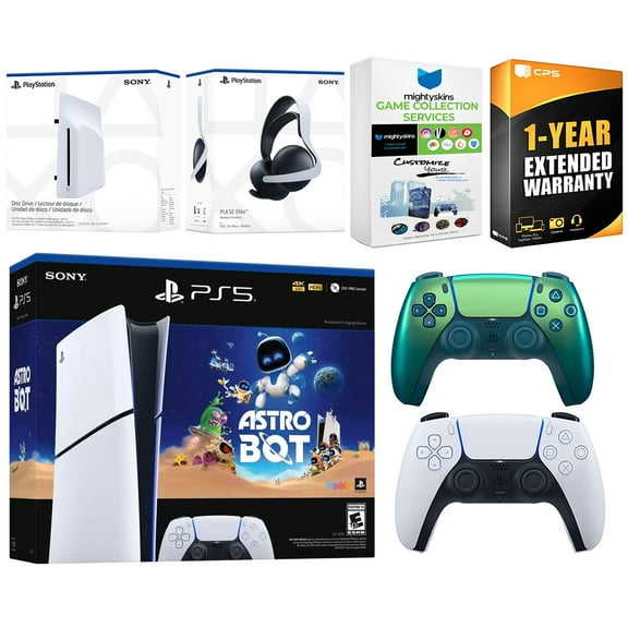 Sony PlayStation 5 Slim Digital Astro Bot Bundle with Disc Drive, Extra Controller, Pulse Elite Headset, MightySkins Game Services and 1 Year Extended Warranty - Chroma Teal