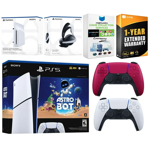 Sony PlayStation 5 Slim Digital Astro Bot Bundle with Disc Drive, Extra Controller, Pulse Elite Headset, MightySkins Game Services and 1 Year Extended Warranty - Cosmic Red
