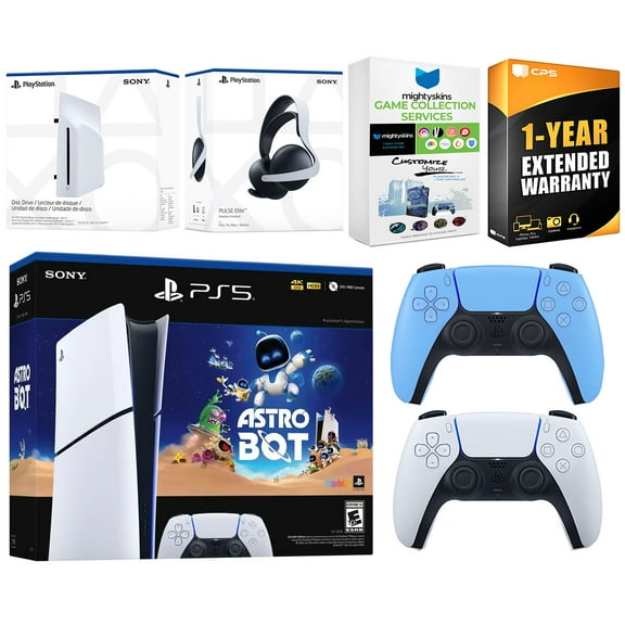 Sony PlayStation 5 Slim Digital Astro Bot Bundle with Disc Drive, Extra Controller, Pulse Elite Headset, MightySkins Game Services and 1 Year Extended Warranty - Starlight Blue