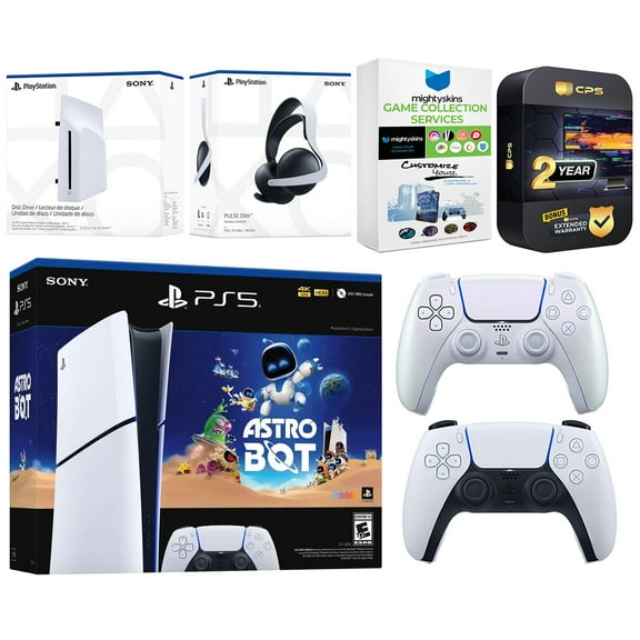 Sony PlayStation 5 Slim Digital Astro Bot Bundle with Disc Drive, Extra Controller, Pulse Elite Headset, MightySkins Game Services and 2 Year Extended Warranty - Chroma Pearl