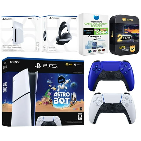 Sony PlayStation 5 Slim Digital Astro Bot Bundle with Disc Drive, Extra Controller, Pulse Elite Headset, MightySkins Game Services and 2 Year Extended Warranty - Cobalt Blue