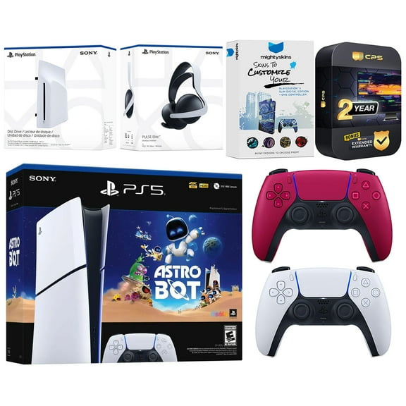 Sony PlayStation 5 Slim Digital Astro Bot Bundle with Disc Drive, Extra Controller, Pulse Elite Headset, MightySkins Voucher and 2 Year Extended Warranty - Cosmic Red