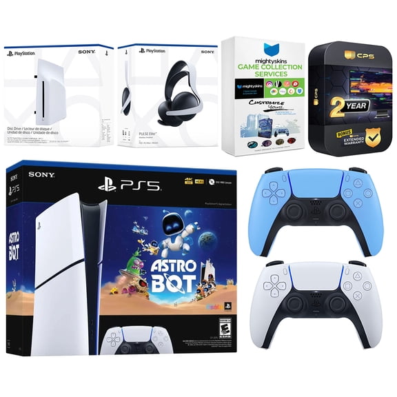 Sony PlayStation 5 Slim Digital Astro Bot Bundle with Disc Drive, Extra Controller, Pulse Elite Headset, MightySkins Game Services and 2 Year Extended Warranty - Starlight Blue