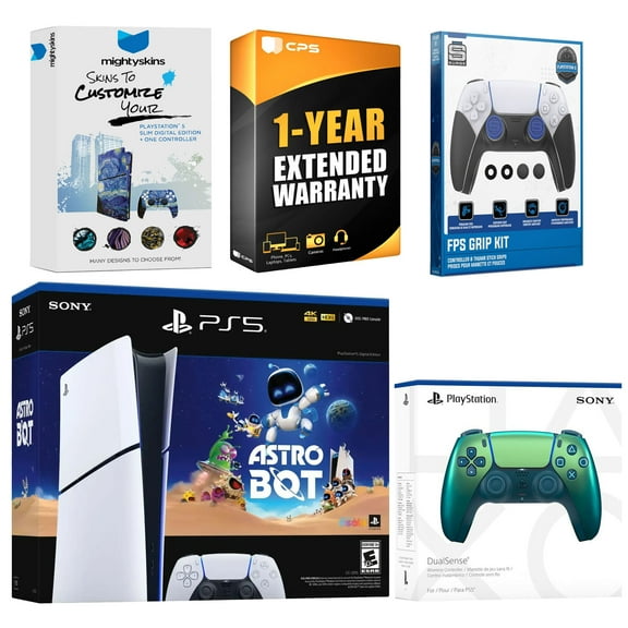 Sony PlayStation 5 Slim Digital Astro Bot Bundle with Extra Chroma Teal Controller, FPS Grip Kit, MightySkins Code and 1 Year Extended Warranty