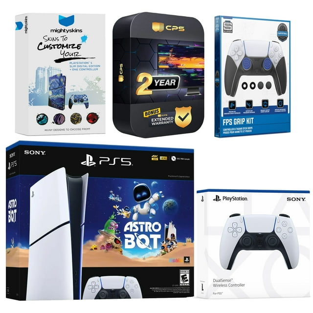 Sony PlayStation 5 Slim Digital Astro Bot Bundle with Extra Glacier White Controller, FPS Grip Kit, MightySkins Code and 2 Year Extended Warranty