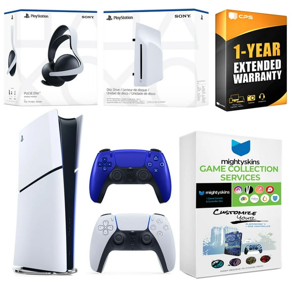Sony PlayStation 5 Slim Digital Bundle with Disc Drive, Extra Controller, Pulse Elite Headset, MightySkins Game Collection and 1 Year Extended Warranty - Cobalt Blue