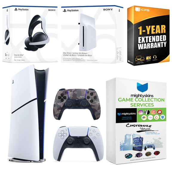 Sony PlayStation 5 Slim Digital Bundle with Disc Drive, Extra Controller, Pulse Elite Headset, MightySkins Game Collection and 1 Year Extended Warranty - Gray Camo